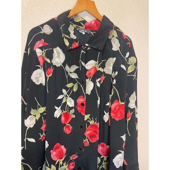 VTG MC Black Rose Print Button Up Long Sleeve Blouse or Shirt Dress Boho XL - Picture 9 of 11